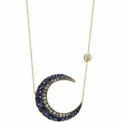 Collar Luna Azul Ovalado Chapado en Oro Amarillo 14k Sólido Eslabón Plata de Ley 925  Foto 1 de 2