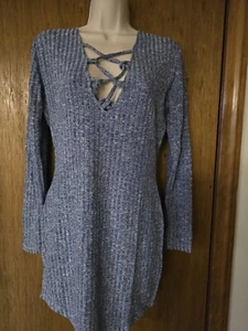 Elfin Medium Blue Long Sleeve V-Neck Criss Cross Bandage Bodycon Sheath Dress - Picture 1 of 8