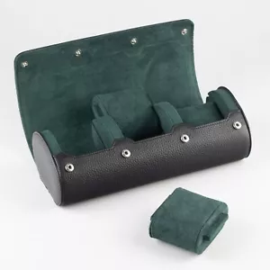 Large Genuine Leather - Triple Watch Roll - Travel Case storage in BLACK / GREEN - Picture 1 of 9