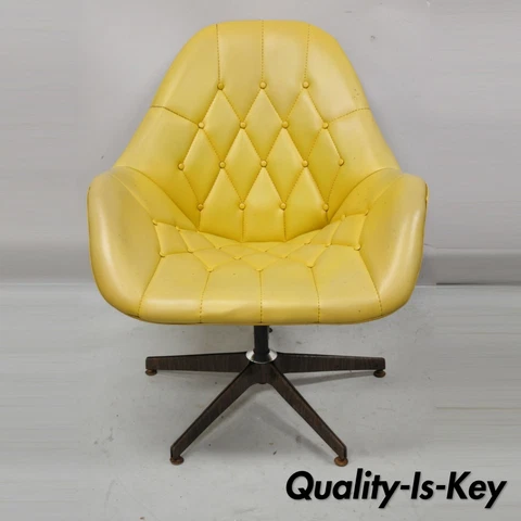 Mid Century Modern Yellow Tufted Naugahyde Swivel Butterfly Club Lounge Chair Cover