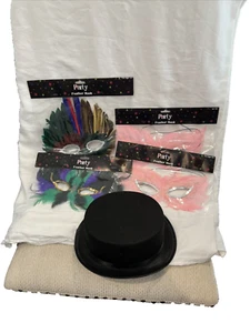 4 Halloween Masquerade Costume Feathers Mardi Gras Festival Mask & 1 Top Hat - Picture 1 of 7