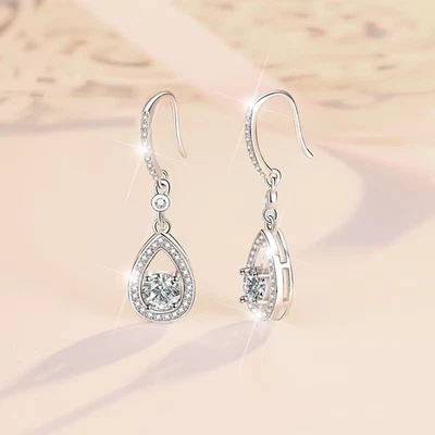 5mm D Color Round Moissanite Teardrop Shape Dangle Earrings 925 Sterling Silver - Image 1 of 4