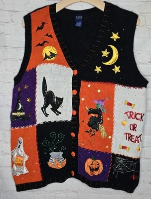 Vtg 90s Y2K Halloween Embroidery Patchwork Beads Sequin Ugly Sweater Vest 1X   - Image 1 of 4