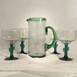Vintage Kaktus Cocktail Margarita grüne Stielgläser mit mundgeblasenem Krug 9 Zoll - Bild 1 von 16