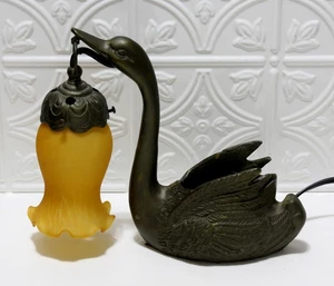 Swan Planter Table Lamp Cast Iron W/Glass Tulip Shade Art Nouveau 9" Vintage - Picture 1 of 6