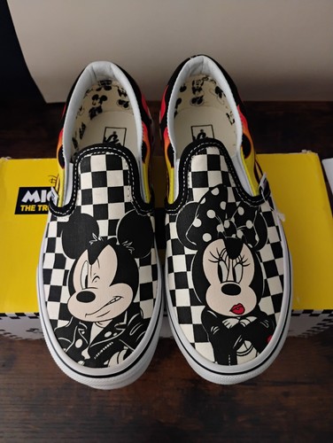 Vans x Disney Topolino e Minnie Bambini Taglia 1 5 Classico Slip On Checker Fiamma Nuovo