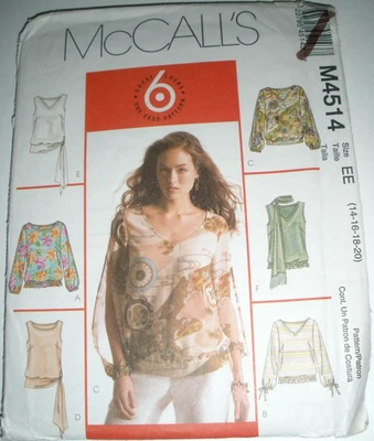 McCALL'S 4514 MISSES PULLOVER TOPS W/ VARIATIONS & SCARF SZ 14-20 PATTERN UNCUT - Image 1 of 2