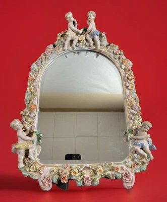 ANTIQUE MEISSEN Putti Table Vanity MIRROR w CHERUBS, Flowers, Foliage & Gilt VGC - Image 1 of 4