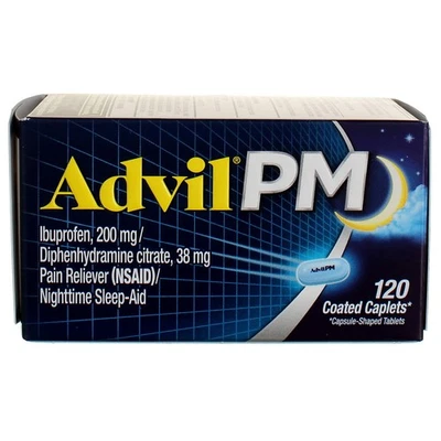 Paquete de 4 cápsulas recubiertas Advil PM cápsulas recubiertas de ibuprofeno, 200 mg, 120 quilates Foto 1 de 2