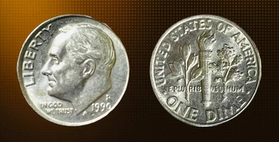 1990 P Roosevelt dime, offset, mint errors in letters, AU - Image 1 of 4