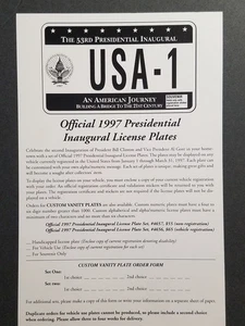1997 Clinton 53rd Inauguation Presidential License Plate Order Form - Picture 1 of 3