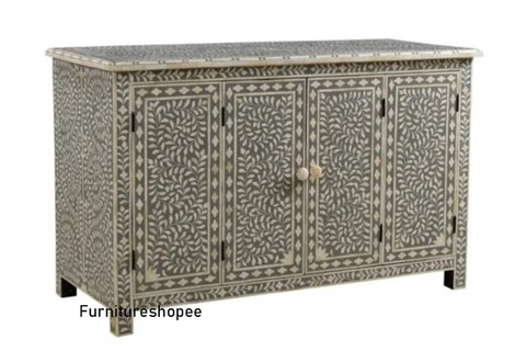 Antique Handmade Bone Inlay Grey Floral Storage Sideboard Buffets Cover