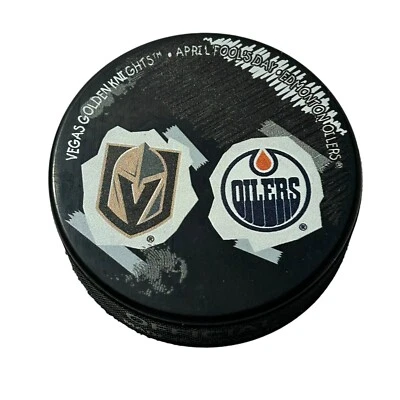 NHL Vegas Golden Knights vs Edmonton Oilers Puck April Fools Day T-Mobile Arena - Image 1 of 4