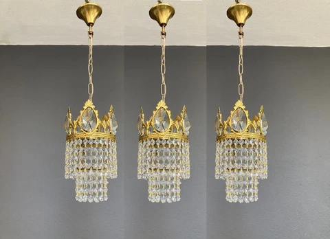 Set of 3 Antique Vintage Chandelier Brass Crystal Ceiling Hanging Light Pendant Cover