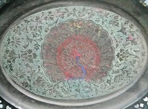 Old Vintage Unique Brass Jali Inlay Art Work Carved Plate. Hanging - Picture 1 of 5