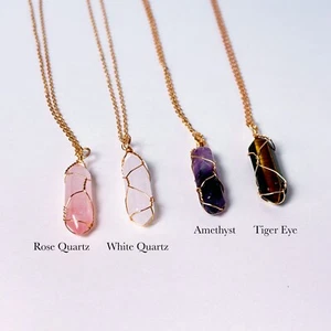 Natural Crystal Necklace – 14k Gold Plated Crystal Point Pendant –Dainty Rose - Picture 1 of 20