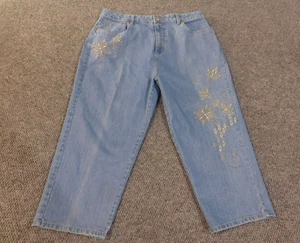 bill blass jeans size 16 blue crop floral light wash embroidered denim cotton - Picture 1 of 9