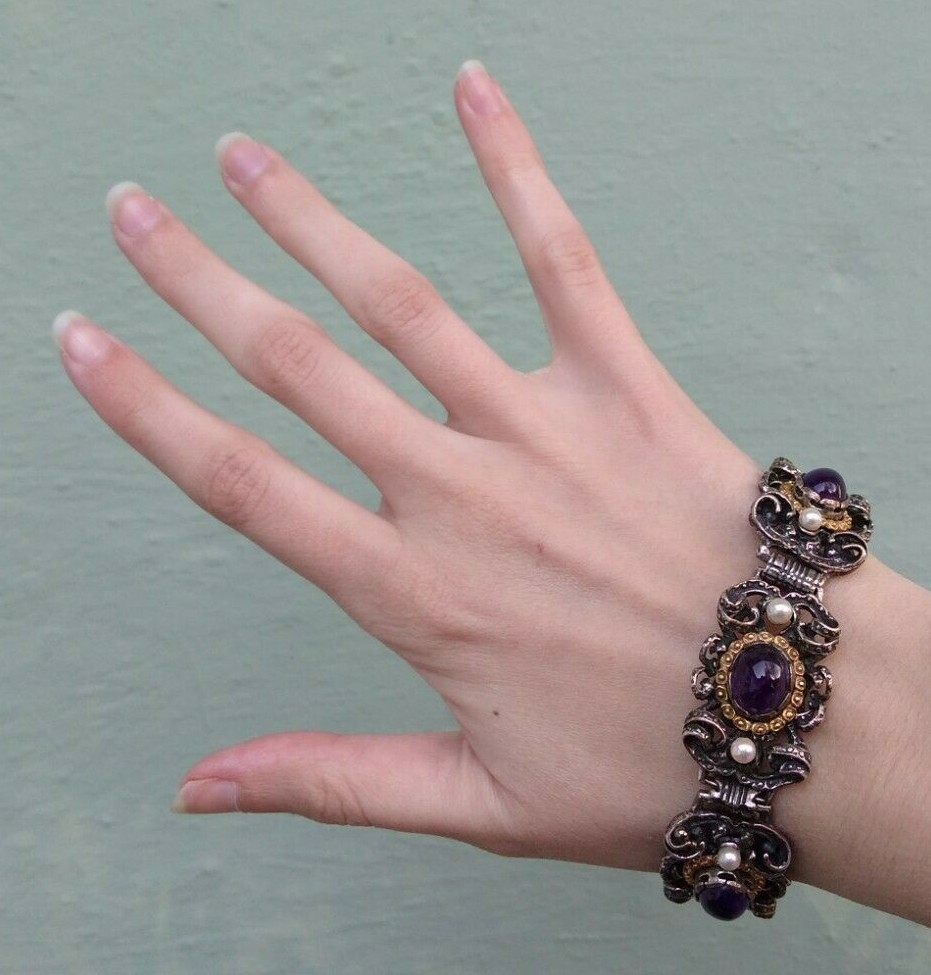 PULSERA AUSTRO HÚNGARA ANTIGUA ORNAMENTADA PERLAS DE PLATA Y CABUJONES eBay