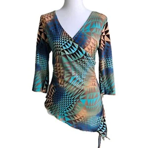Vintage Venus USA Y2K Wrap Top Womens Large Asymmetrical Flare Sleeves Geometric - Picture 1 of 10