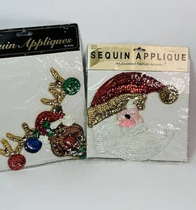 Vintage Christmas Sequin Fabric Applique Reindeer Rudolph Santa Moon - Picture 1 of 8