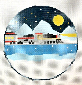 Hand-painted Needlepoint Canvas, Christmas Train 4" round with stitch guide - Picture 1 of 2