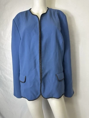 ВИНТАЖНЫЙ БЛЕЙЗЕР ALFRED DUNNER С ОТКРЫТОЙ ПЕРЕДНЕЙ ЧАСТЬЮ СИНИЙ РАЗМЕР 16 100% полиэстер черная отделка - Изображение 1 из 4