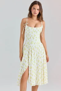 Vestido midi HOUSE OF CB 'Yvette' estampado floral limón Georgette L 12/14 4374 - Imagen 1 de 11