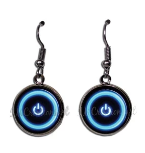 Computer Power Button Gamers Gift - Handmade Resin Dangling Earrings 16mm SIZE - Picture 1 of 2