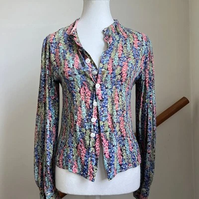 Blusa Vintage Floral Andrajosa Antigua Victoriana Artística Acuarela Elegante 100% Seda Foto 1 de 4