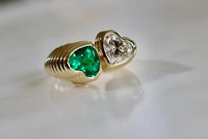 3ct Double Heart Ring Diamond & Emerald IGI Certified - Picture 1 of 10