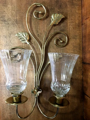 Vtg. Home Interior Wall Sconce Brass Double Arm Candle Holder Glass Votive Cups - Image 1 of 4