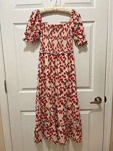Betsey Johnson Dress XS Strawberry Fields Smocked Maxi Tiered Red Pink Cottage - Picture 1 of 11