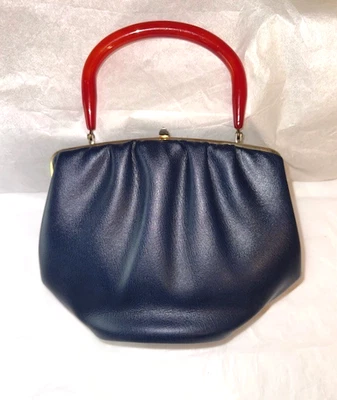 Vintage Purse Handbag Bakelite Handle Empress-Style Navy Vinyl  - Image 1 of 4