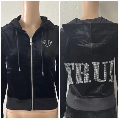 TRUE RELIGION Cristal Herradura Terciopelo Cremallera Sudadera con Capucha / S / Negro y Plateado / NUEVO Foto 1 de 4