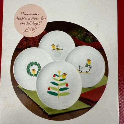 Rachael Ray Holiday Hoot 4 Piece Dessert Plate Set Porcelain Dinnerware NEW - Image 1 of 4