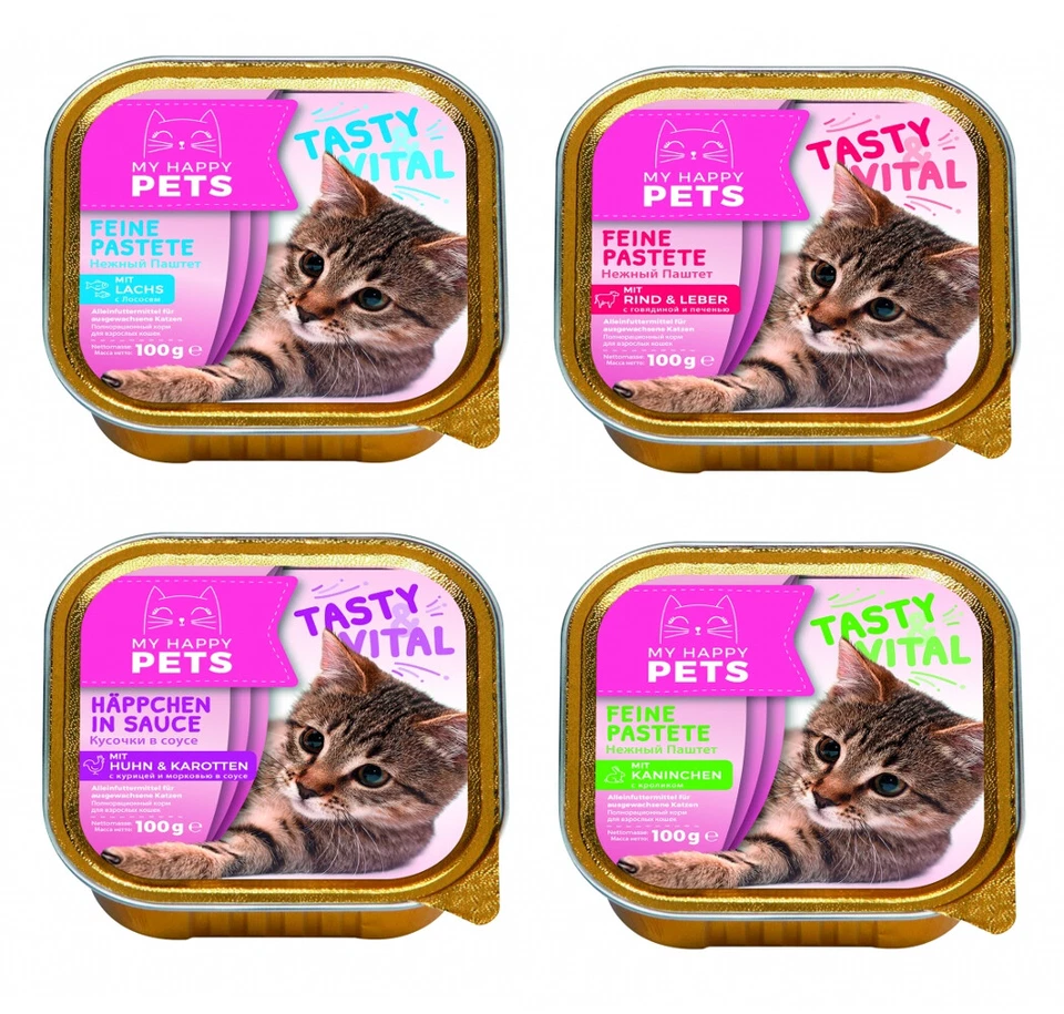 MY HAPPY PETS Katzenfutter feine Pastete & Häppchen in Soße 4 Sorten 256 x 100g - Bild 1 von 1