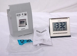 Seiko Alarm Clock Bedside Large Display With Light Snooze Silver Black Temp NEW! - Picture 1 of 10