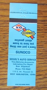 CUBIERTA DE LIBRO DE CERILLAS DE GASOLINERA SIEGEL'S SUNOCO: WEST BURLINGTON, IOWA MATCHCOVER -B - Imagen 1 de 2