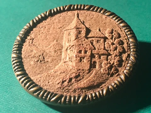 Large Antique Victorian Picture Brass Button late 19th C. Castle carved wood Cover