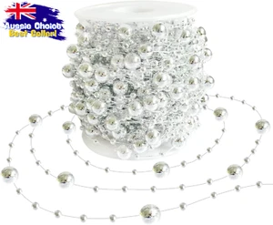 Christmas Tree Beads Garland 66Ft Silver Pearl Chain Holiday Decor Craft - Picture 1 of 12