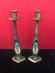 Vintage Brass Candlesticks Dayagi Israel Brass & Mosaic Palm Tree 9.5” - Picture 1 of 9