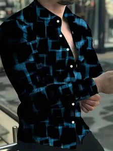 Stylish Geometric Print Long Sleeve Lapel Shirt Casual Button Up Black Shirt - Picture 1 of 3