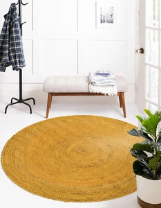 Round Rug Natural Jute Reversible 100%Handmade Yellow Rug Braided home decor rag - Picture 1 of 6