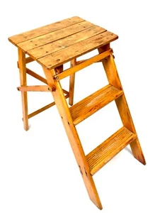Antique 20th Century Wooden Household Stained Pine Folding Step Ladder - Picture 1 of 8