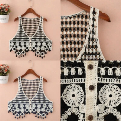 Lady Floral Lace Vest Cardigans Crochet Boho Tassels Trim Casual Vintage Classic - Image 1 of 4