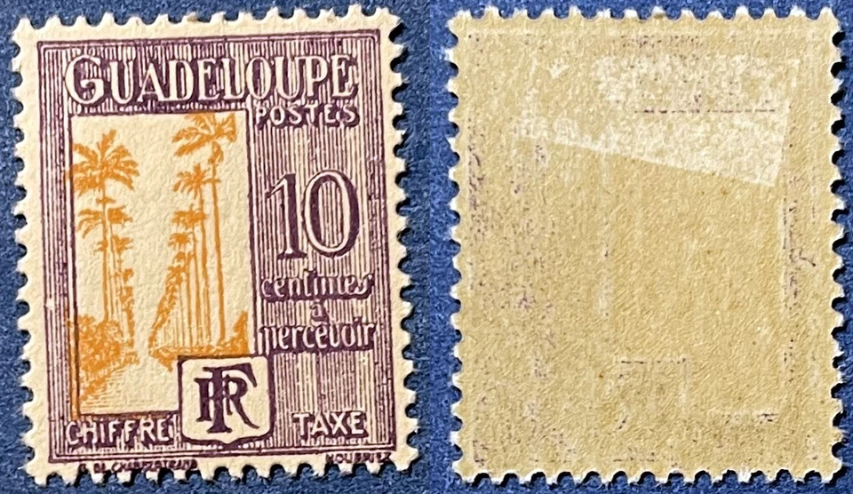 Guadeloupe 1928 10c Palm Trees Postage Due Sc-J28 Violet-Yellow MLH OG - Image 1 of 1