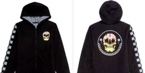 Jem Big Boys Checker Skull Palm Trees Black Hoodie Soft Polyester Full zip S M L - Picture 1 of 5