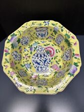 Chinese Export Bowl Famille Rose Yellow Ground With Blue White Vases Jars 13”