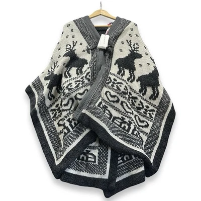 SEE BY CHLOE Reindeer Heart Knit Motif Gray Cream Holiday Wool Cape 4 *Oversized - Image 1 of 4
