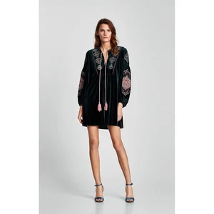 ZARA DONNA Mini Abito Boho Verde Velluto Ricamato Nappa Cravatta XL - Foto 1 di 12